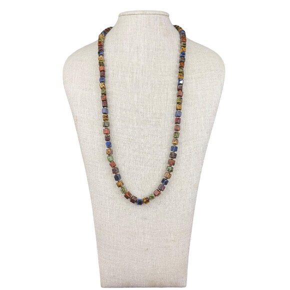 Multicolor Ceramic Beaded Vintage Necklace For Women Gold Tone Retro Style - Picture 2 of 4